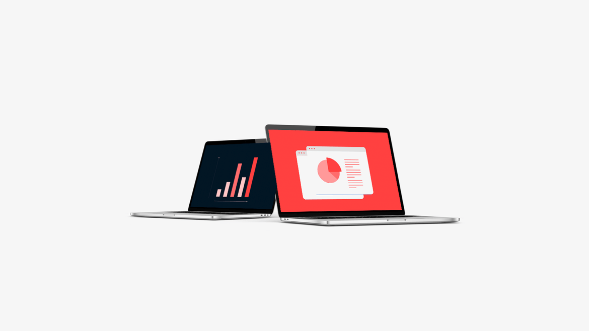 Two laptops displaying various graphs and charts, illustrating data analysis and comparison.