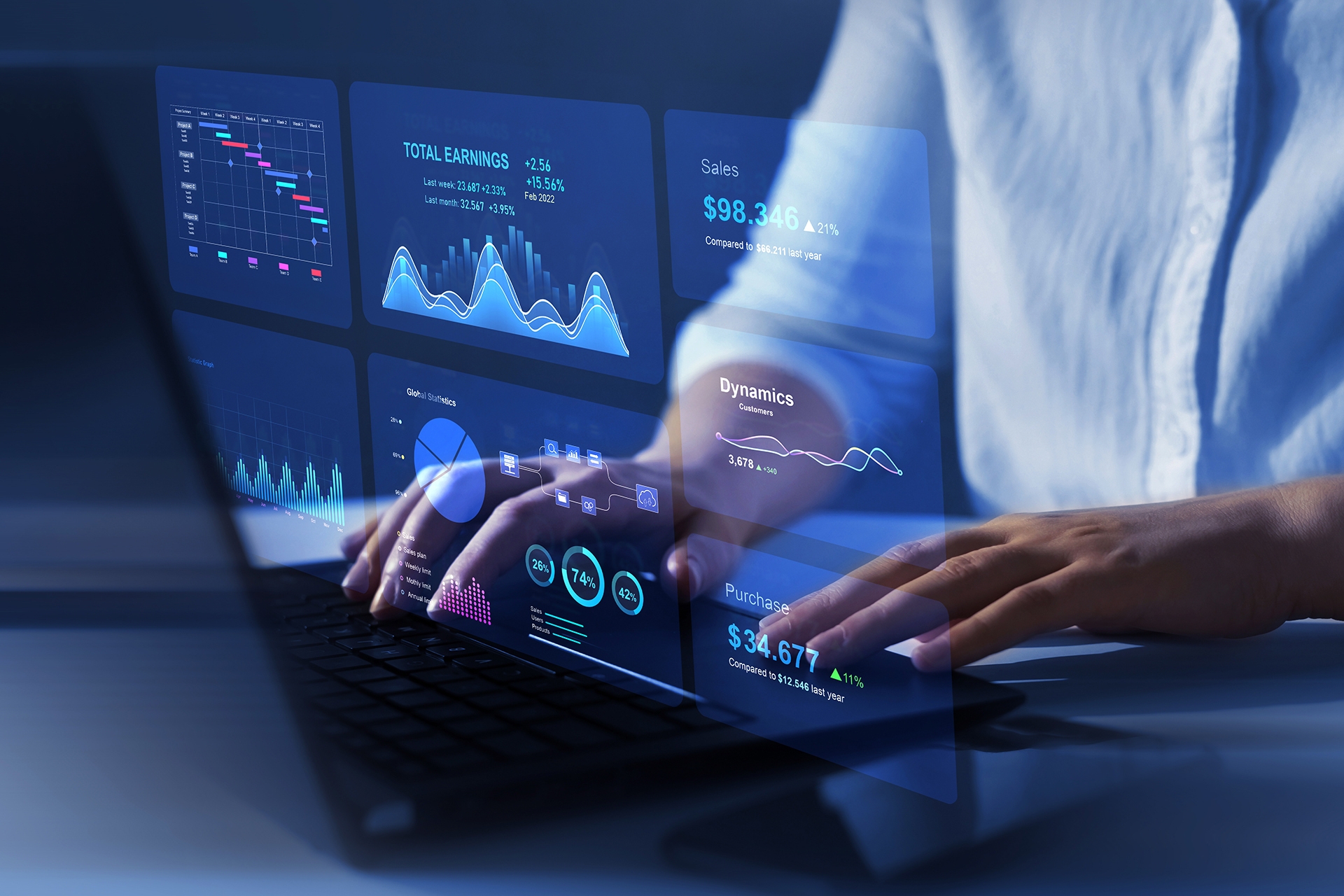 Male business manager reviewing data in a holograph-like dashboard through a laptop screen